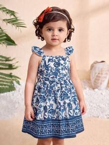 女婴休闲可爱甜美碎花荷叶袖松紧腰连衣裙 - 彩色 - 查看 8