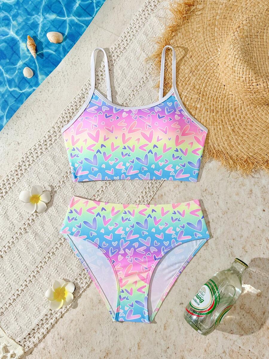 SHEIN Áo tắm tankini họa tiết trái tim và hiệu ứng ombre dành cho bé gái tuổi teen - Nhiều màu - Xem 1