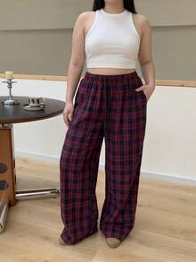 SHEIN PETITE CURVE 大码女式休闲格子印花抽绳腰宽松阔腿裤，适合日常通勤和上学穿着 - 彩色 - 查看 6