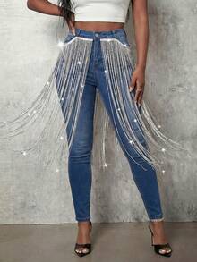 SHEIN ICON Women's Shiny Tassel Decor Skinny Fashion Jeans  Party Summer Graduation Vacation Luxury Sequin - Blue - View 6