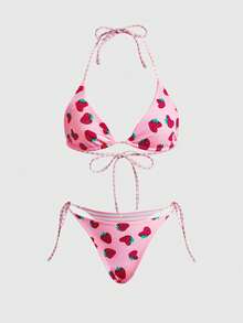 Sweetness Conjunto de bikini con tanga con lazo y fruncido para mujer, diseño con estampado de rayas de frutas reversible y espalda descubierta, estilo minimalista y elegante, adecuado para Navidad, fiesta en la playa, vacaciones de verano 2026 Conjunto de bikini rosa - Rosa - Ver 1