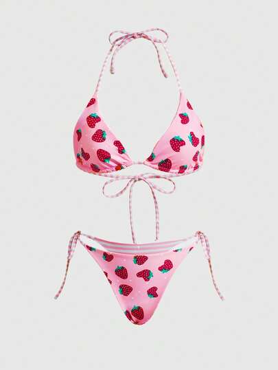 Sweetness Women's Tie Bow Ruched Thong Bikini Set, Double-Sided Fruit Stripe Print Backless Design, Minimalist Elegant Style, Suitable For Christmas, Beach Party, 2026 Summer Holiday Pink Bikini Set Vacation