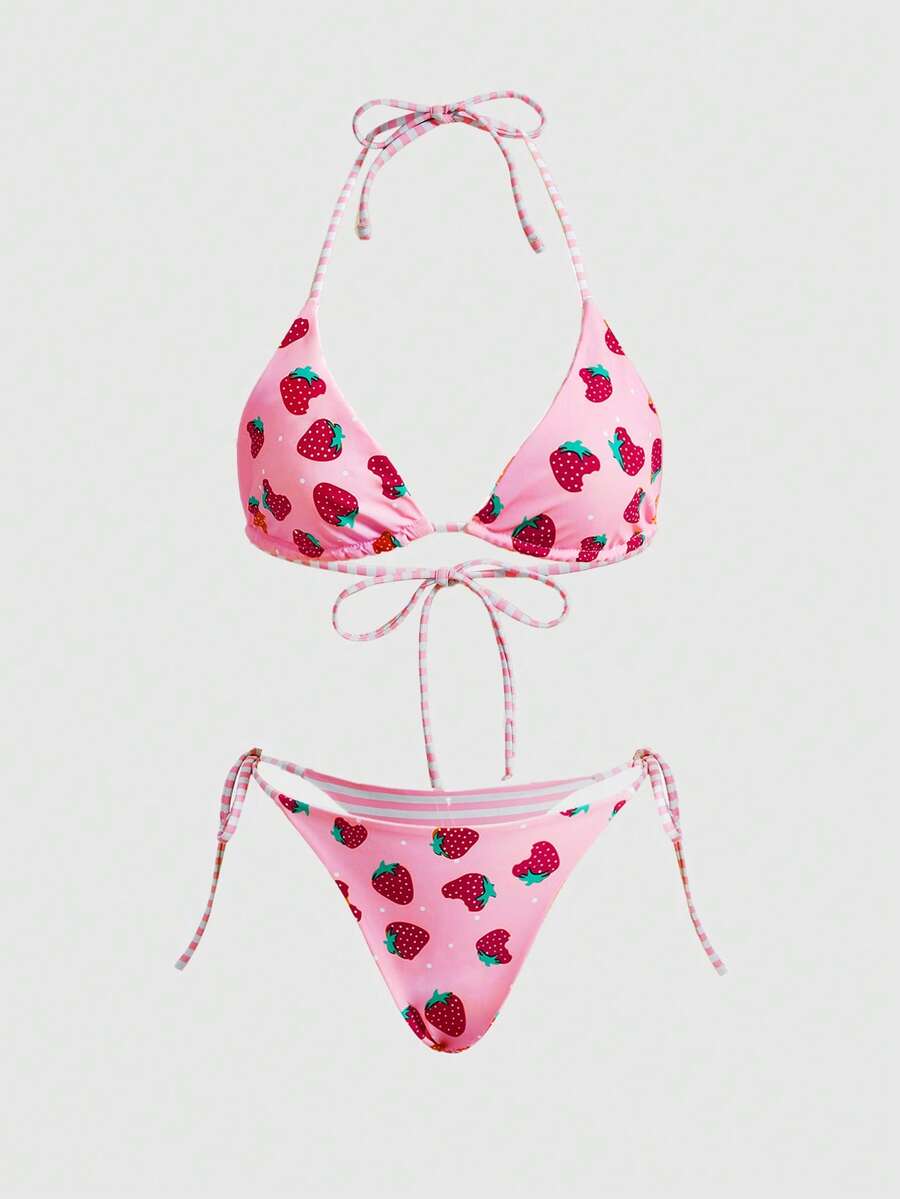 Sweetness Conjunto de bikini con tanga con lazo y fruncido para mujer, diseño con estampado de rayas de frutas reversible y espalda descubierta, estilo minimalista y elegante, adecuado para Navidad, fiesta en la playa, vacaciones de verano 2026 Conjunto de bikini rosa - Rosa - Ver 1