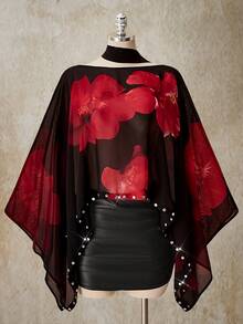 SHEIN ICON 大码女式印花串珠不对称下摆时尚衬衫 - 彩色 - 查看 3
