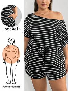 SHEIN Essnce Plus Size Women's Romper, Casual Striped Romper,Summer Women Dresses One Piece Outfit Jumpsuit,Shorts Women Rompers - Black and White - View 2