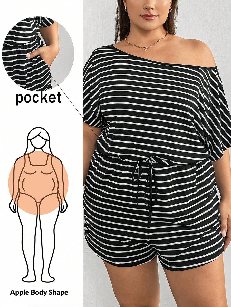 SHEIN Essnce Plus Size Women's Romper, Casual Striped Romper,Summer Women Dresses One Piece Outfit Jumpsuit,Shorts Women Rompers
