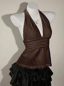 SHEIN ICON Áo hai dây cổ yếm, cổ chữ V sâu, eo thon, dáng chữ A, hở lưng. - màu nâu - Xem 3