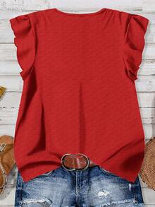 SHEIN LUNE Women's Solid Color Button Decor Ruffle Hem Casual Blouse, Suitable For Summer,Summer Top - Red - View 2