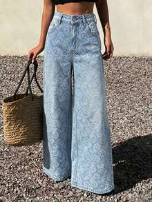 Livesso 女士蓝色水洗纹理休闲牛仔裤，饰有腰果花图案，适合春夏穿着 - 藍色 - 查看 4