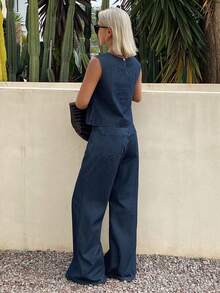 Livesso Women's Cotton Casual Round Neck Short Sleeve Top And Loose Fit Jeans Set, Suitable For Spring And Summer - Dark Wash - View 2