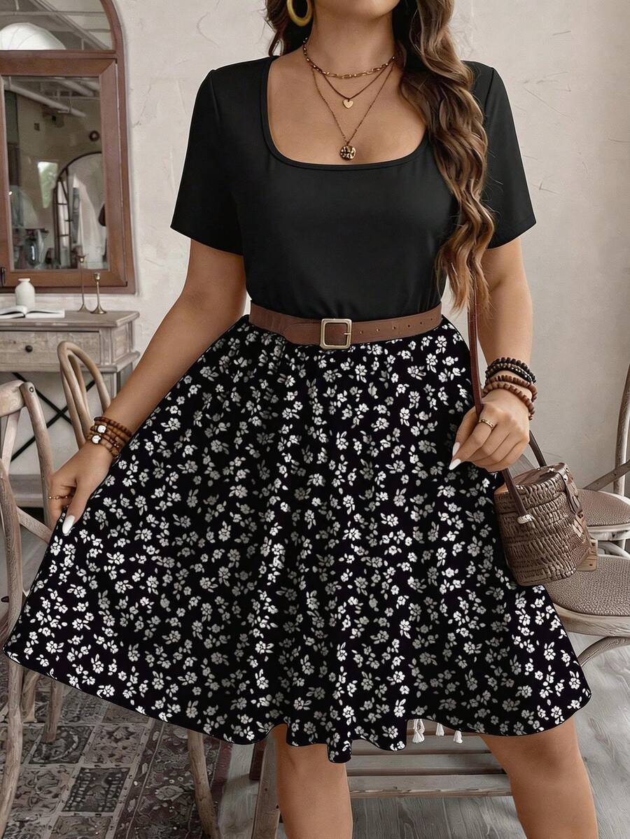 SHEIN LUNE Plus Size Summer Patchwork Ditsy Floral Dress, Suitable For Vacation Outfit - Multicolor - View 1