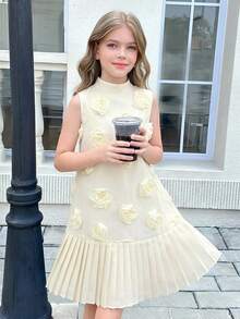 SHEIN Vestido sin mangas elegante y lujoso con tela con flores 3D para niña preadolescente - Albaricoque - Ver 9