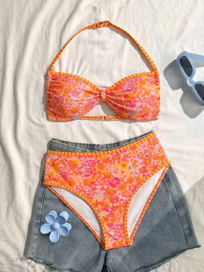 SHEIN Bộ bikini buộc cổ in họa tiết tối giản dành cho bé gái