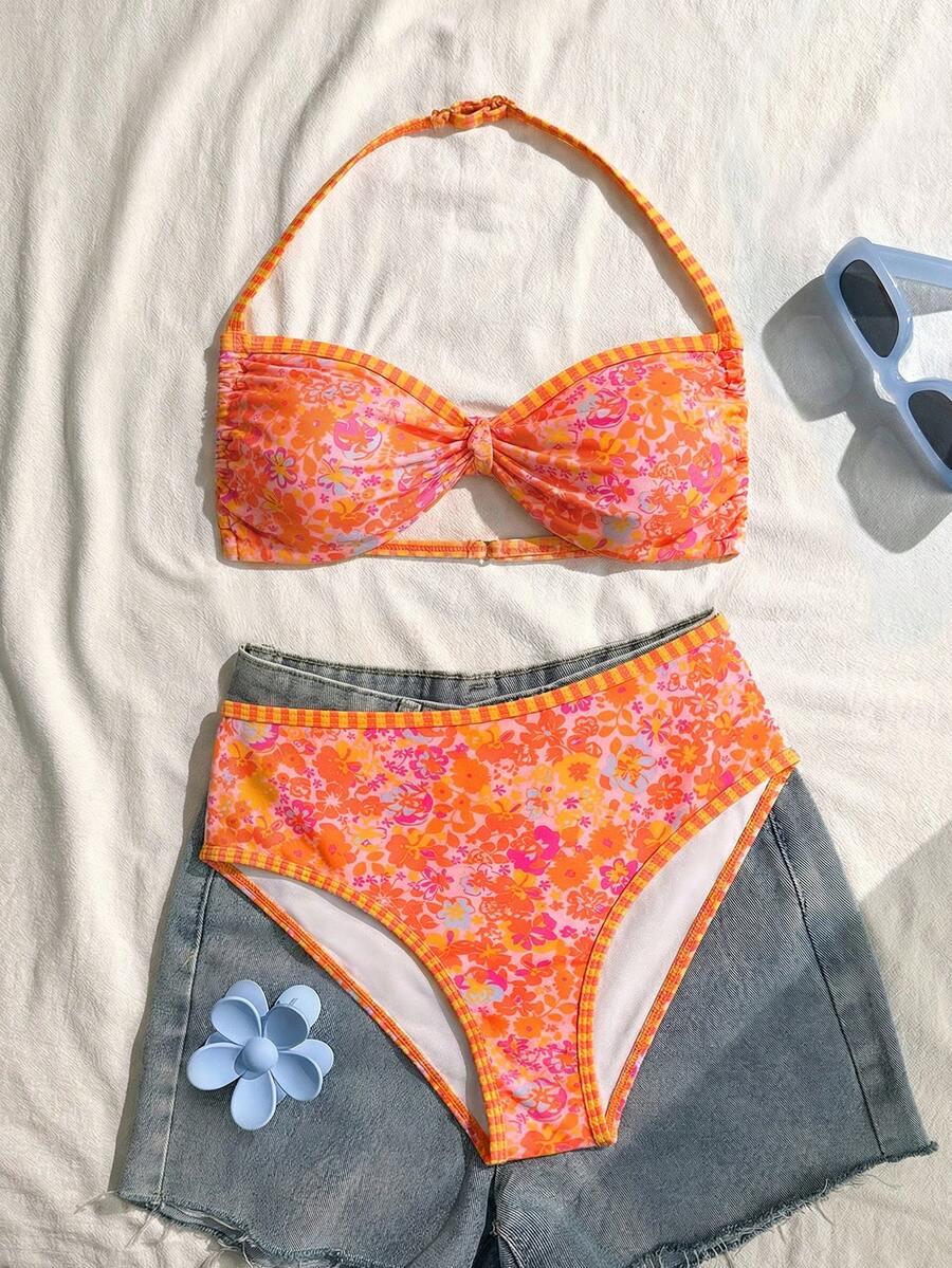 SHEIN Bộ bikini buộc cổ in họa tiết tối giản dành cho bé gái - Nhiều màu - Xem 1