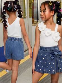 Elladie kids 2pcs/Set Tween Girls White Asymmetric Neck 3D Floral Ribbed Top & Denim Pearl Shorts Skirt With Bow,Cute Summer Blue And White Wedding Guest Outfits - White - View 5