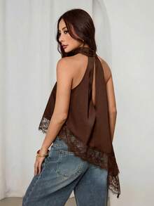 SHEIN PETITE Áo kiểu yếm cổ cao bất đối xứng với viền ren, thích hợp cho tiệc tối, cocktail, trang trọng, thanh lịch, không tay, đi chơi đêm, dự tiệc cưới, mùa hè, thu, kiểu trễ vai. - màu nâu - Xem 2