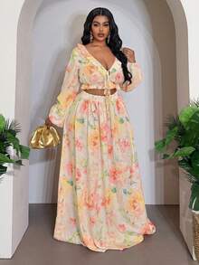Veslaya 春夏浪漫優雅傳統花卉印花短版上衣與長裙套裝，度假、婚禮賓客、大尺碼馬卡龍色 - 淡黃色 - 查看 5