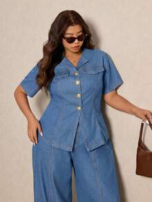 Elaquor Setelan Denim Biru Tua Kasual Musim Panas Ukuran Plus untuk Wanita, Atasan Lengan Pendek dengan Detail Kancing Depan dan Celana Panjang untuk Sehari-hari, Setelan Jeans Serbaguna - Biru - View 3