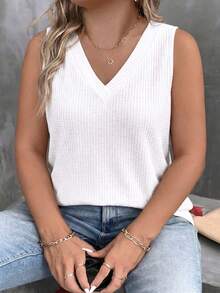 EMERY ROSE Camiseta sin mangas casual y versátil de cuello en V para mujer, talla grande, primavera/verano - Blanco - Ver 4