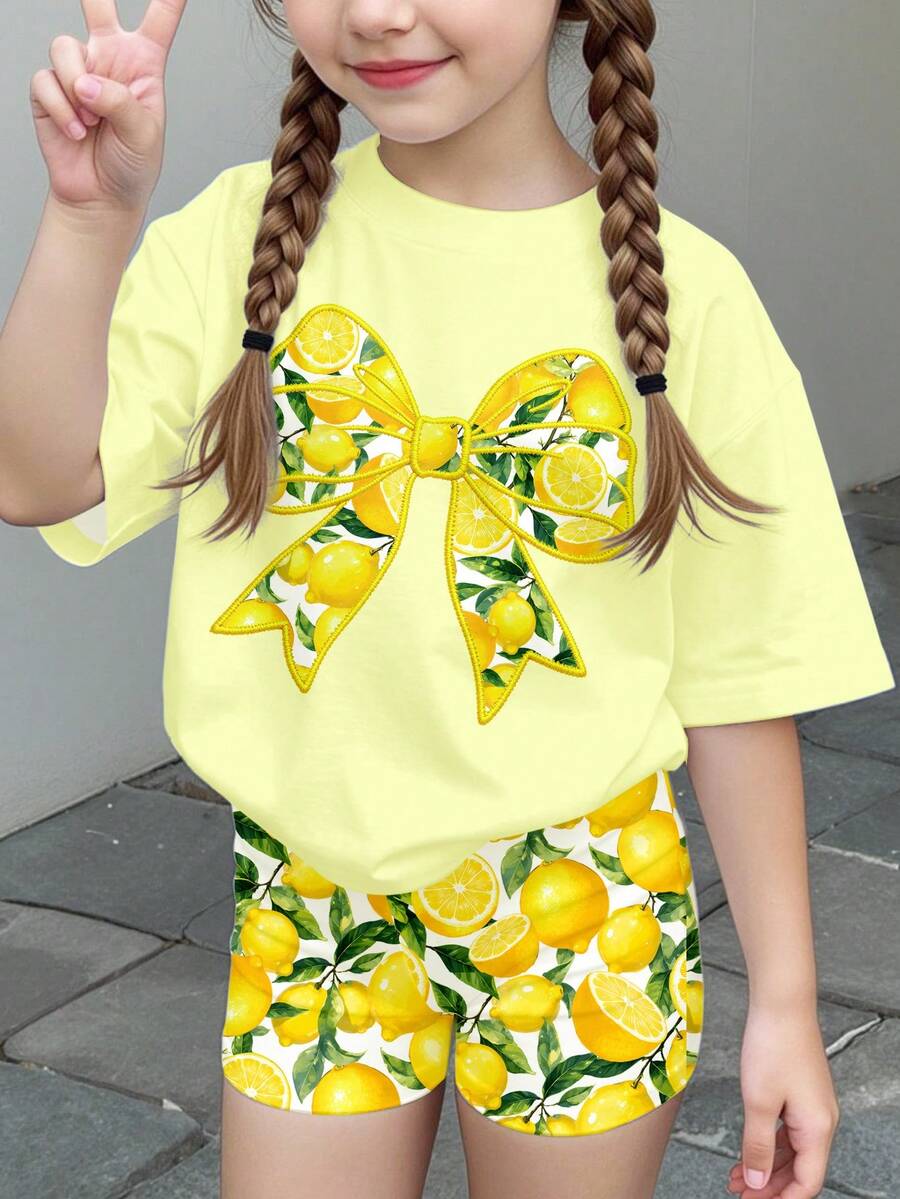 2件套可爱柠檬树蝴蝶结印花奶油色格子图案少女休闲短袖T恤和短裤夏季套装,适合韩版、返校、返校节、复古、条纹、轻松舒适、时尚童装、图案印花、卡通、复古、撞色、Y2K、可爱、舒适、2026夏季、必备单品、田园风、玩耍、周末休闲、家庭出游、拍照服装 - 彩色 - 查看 1