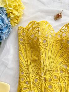 Soleia Áo corset ren hai lớp ôm sát, gợi cảm, phong cách tiên phong, hở vai, dành cho giới trẻ châu Âu và Mỹ, kết hợp với áo định hình INS màu trắng thêu rỗng, trang phục dự tiệc đêm cho phụ nữ. - Màu vàng - Xem 5