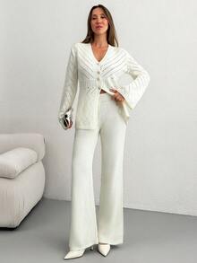 EURMUSE Casual V Neck Hollow Out Button Down Front Slit Cardigan & Wide Leg Solid Color High Waist Plain Pattern 2 Pieces Knit Set For Fall Winter - Apricot - View 2