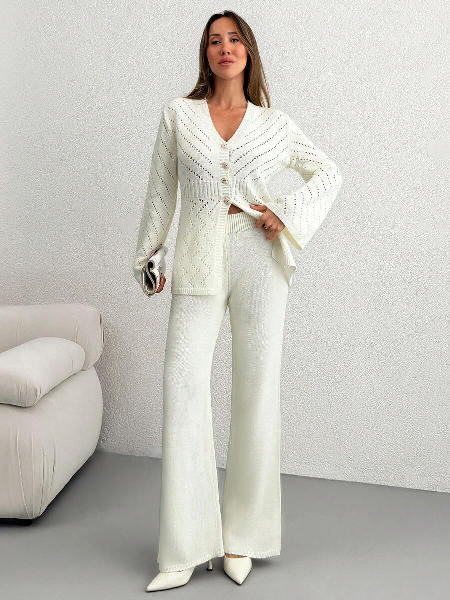 EURMUSE Casual V Neck Hollow Out Button Down Front Slit Cardigan & Wide Leg Solid Color High Waist Plain Pattern 2 Pieces Knit Set For Fall Winter