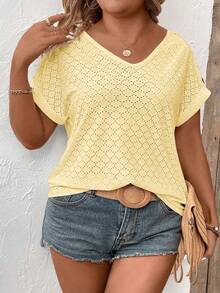 Women's Casual V-Neck Short Sleeve Contrast Color Button Shoulder Plus Size T-Shirt, Spring/Summer - Yellow - View 3