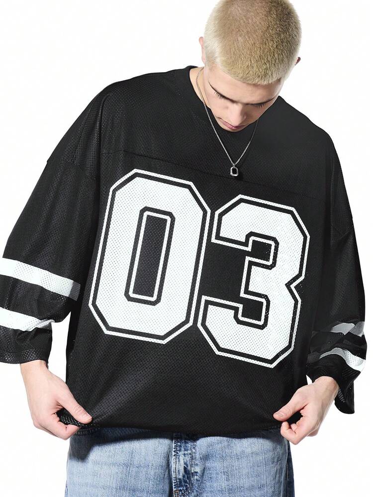 Jersey Mesh Sports Number Print Black Oversized T-Shirt