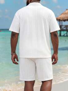 ResortEase Plus Size Men's Casual Solid Color Short Sleeve Shirt And Shorts Set - White - View 2