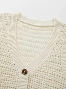 SHEIN Holidaya Women's Off-White Openwork Knit Sleeveless V-Neck Vest,Button Front,Gradient Mesh Texture,Retro Preppy Charm,Summer Casual Vacation Holiday Outfit - Beige - View 8