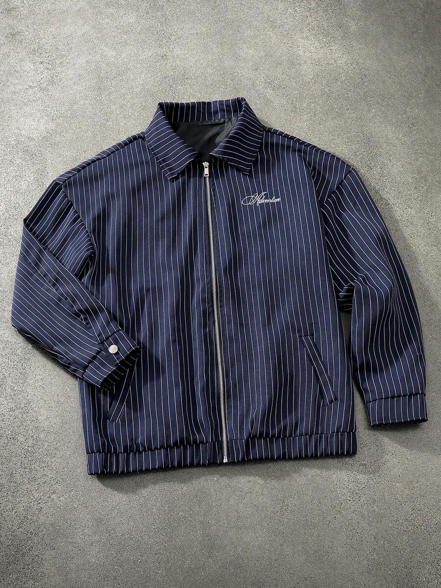 Manfinity Hypemode Men's Casual Commuter Striped Jacket, Spring/Autumn Men Zip Up Jacket Men S Spring Jacket Mens Track Jacket Mens Jacket Zipper Jacket Pinstripe Jacket - Navy Blue - View 1
