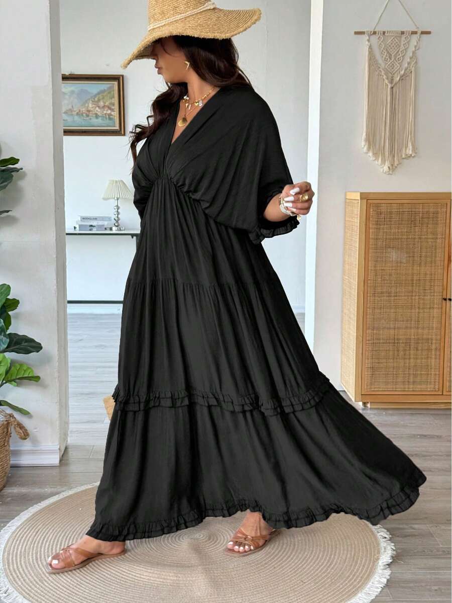 Vionelle Plus Size French Style Solid Color Boho Ruffle Trim Regular Dress, Spring/Summer Holiday Dinner Vacation Vacation Holiday Black - Black - View 1