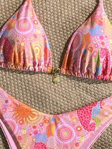 Swim Mod 2pcs/Set Pink,Summer,Boho,Beach Vacation,Holiday,Holiday Zebra Print Halter Bikini Top Golden Shell Decor High Cut Swim Bottoms Swimwear Set - Multicolor - View 6