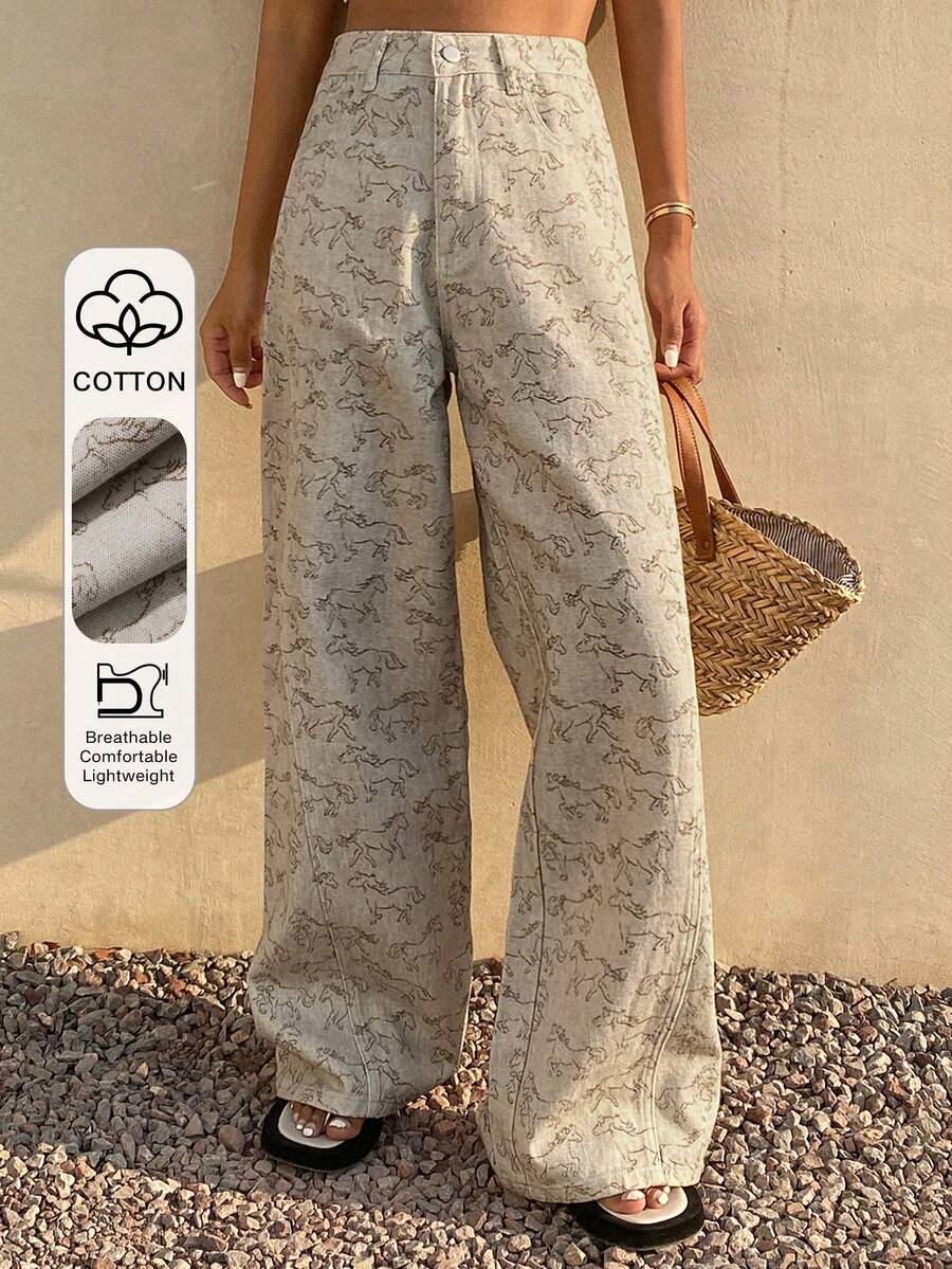Quần jeans nữ chất liệu cotton, in họa tiết toàn thân, thích hợp cho trang phục đi nghỉ mát mùa xuân và hè. - Màu Khaki - Xem 1