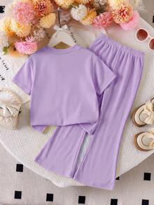 Genkimix Kids 2pcs/Set Girls (Small) Knitted Short Sleeve Apricot Floral Pearl Button Top T-Shirt And Solid Color Flared Pants Casual Elegant Children Summer Outfit Spring Clothes For Kids Kids Coords For Girls Young Girls Clothing Sets Kids Clothes For Girl Girls Clothing Sets Retro Outfit For Kids Spring Outfits For Girls Flower 2 Piece Set - Purple - View 3