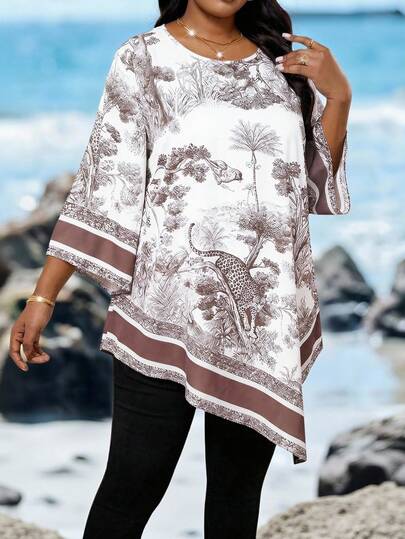 SHEIN Lady 大码休闲不对称下摆印花衬衫，夏季大码女装，最新款女装，大码女装夏季套装，两件套