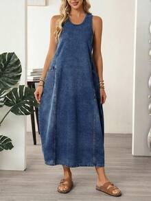 EMERY ROSE Plus Size Women Autumn Casual Vacation Style Patchwork Pocket Sleeveless Loose Denim Dress Formal Vacation Blue - Dark Wash - View 4