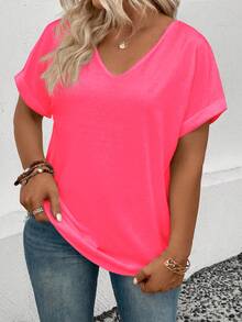 Women's V-Neck Turnup Sleeve Short Sleeve All-Match Versatile Plus Size T-Shirt, Spring/Summer - Coral Pink - View 5