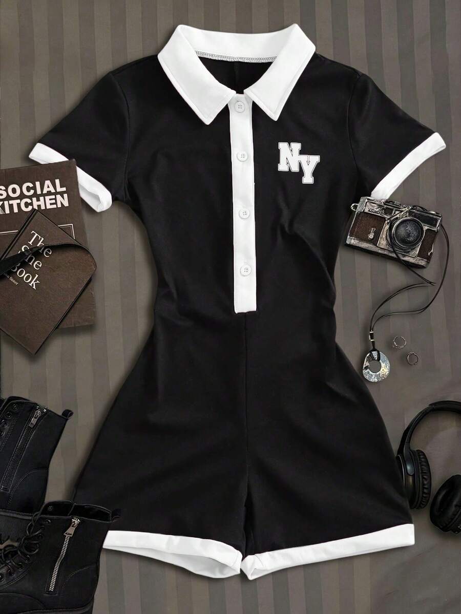 Tween Girls Brown & White Contrast Color Polo Collar Romper, Retro College Style Snug Fit Fit, Suitable For Daily Wear And Dates - Black and White - View 1