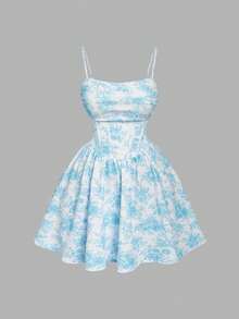 SHEIN MOD Plus Size Women's Fashion Print Waist Strap Dress - Blue - View 1