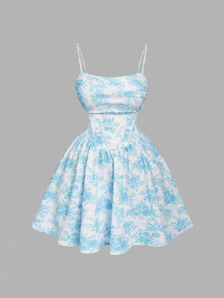 SHEIN MOD Plus Size Women's Fashion Print Waist Strap Dress - Blue - View 1