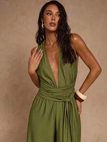 SHEIN Glamour 女士纯色深V领褶皱休闲连体裤 - 軍綠色 - 查看 6