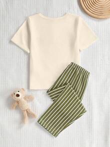 Young BoyCute Bear Pattern Embroidered Collar Open Front Loungewear Set Sleeping Military Green Summer Cute - Apricot - View 2