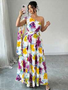 Elenzga Đầm maxi cỡ lớn không tay, dáng bất đối xứng, thắt eo, in họa tiết hoa nhuộm tie-dye, kiểu dáng thanh lịch kiểu Pháp cho kỳ nghỉ xuân/hè. - Màu Hồng Tươi - Xem 4