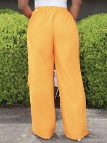 Steph T Quần ống rộng ống đứng cho nữ cạp cao có dây rút túi rộng quần jogger thường ngày quần harem hippie punk thời trang đường phố -C - Màu Cam cháy - Xem 2