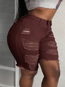 Slaydiva Plus Size Women Distressed Pocket Frayed Hem Casual Denim Shorts - Coffee Brown - View 4
