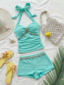 Soleia 女士纯色纹理露背吊带上衣和海星贝壳装饰短裤两件套，度假风，适合夏季海滩穿着 - 薄荷綠 - 查看 5