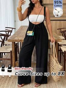 SHEIN CURVE+ 前系带褶裥阔腿连体裤，夏季 - 黑色 - 查看 8