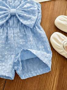 SHEIN LMoss Kids 女婴可爱休闲夏季蓝白条纹蝴蝶结装饰吊带连体衣 - 藍色 - 查看 6